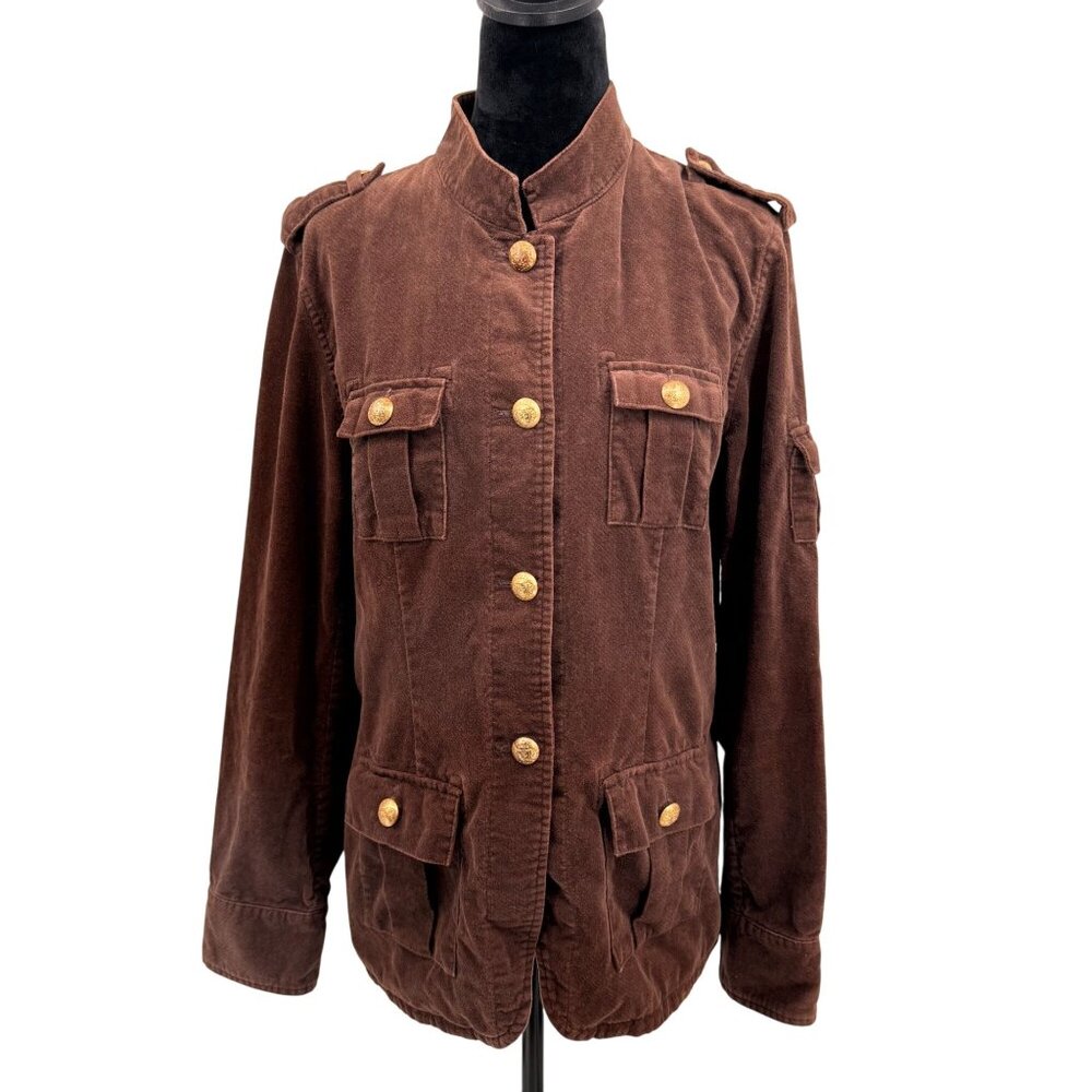 Vintage Izod Womens Military Utility Jacket XL Cotton Brown Button Flap‎ Pockets